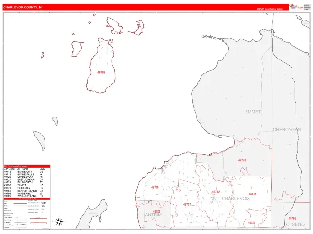 Charlevoix County, MI ZIP Code Wall Map, RedLine style