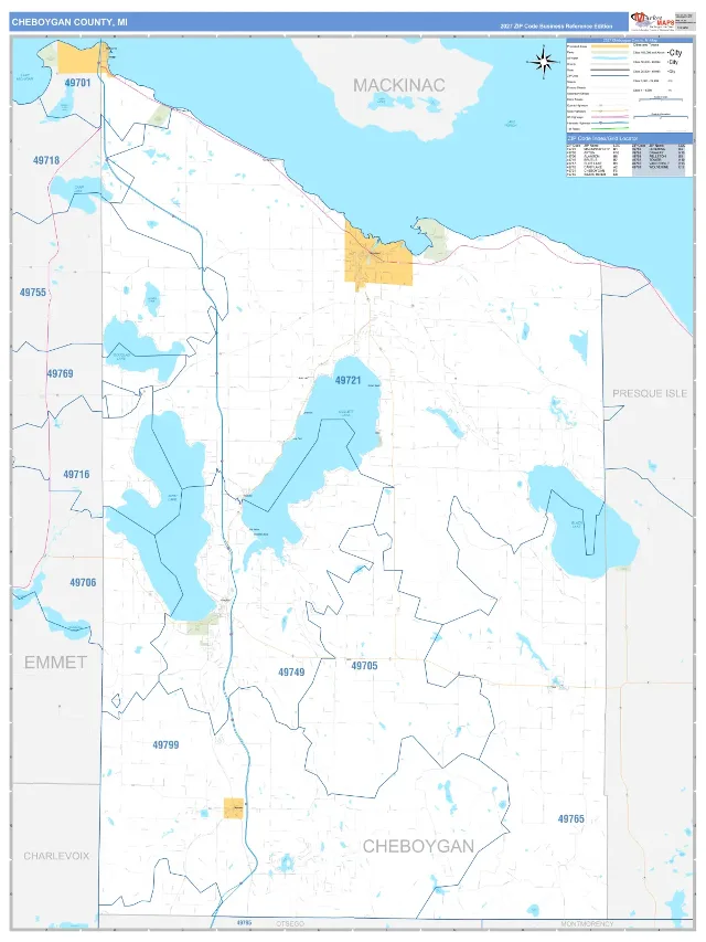 Cheboygan County, MI ZIP Code Wall Map, Business Reference style