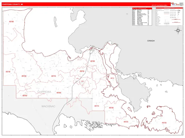 Chippewa County, MI ZIP Code Wall Map, RedLine style
