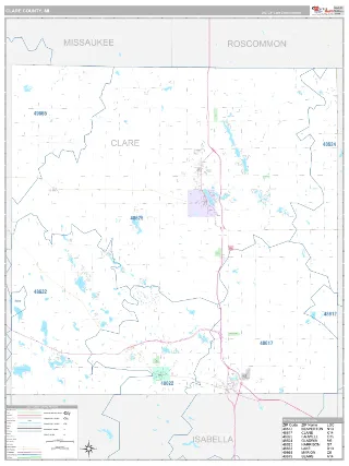 Clare County, MI Classic style ZIP Code wall map