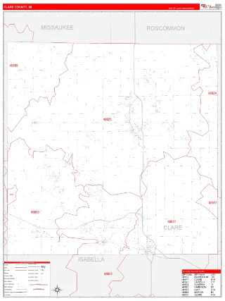 Clare County, MI RedLine style ZIP Code wall map