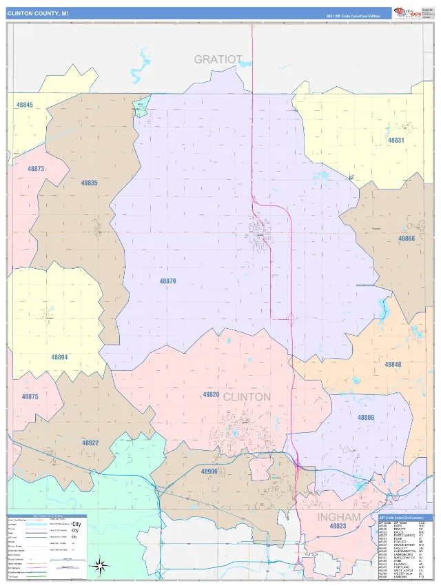 Clinton County, MI ZIP Code Wall Map, ColorCast style