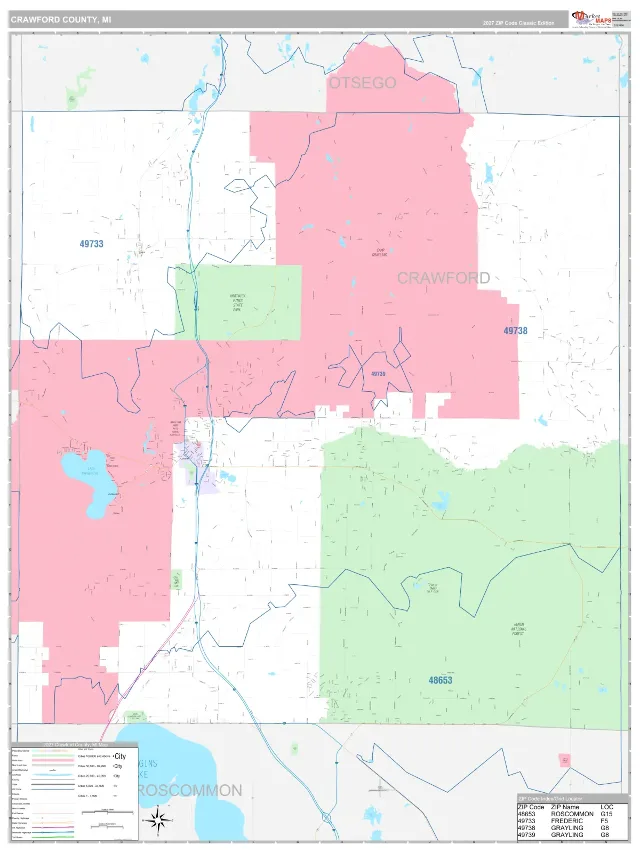 Crawford County, MI ZIP Code Wall Map, Classic style