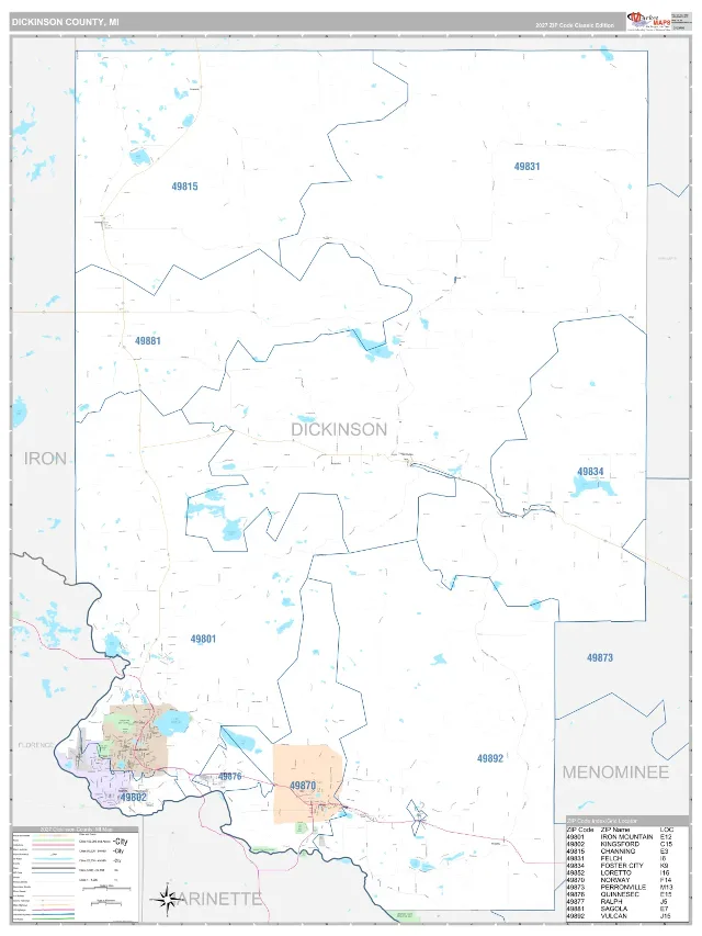 Dickinson County, MI ZIP Code Wall Map, Classic style