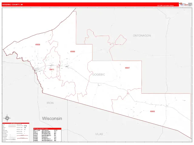 Gogebic County, MI ZIP Code Wall Map, RedLine style