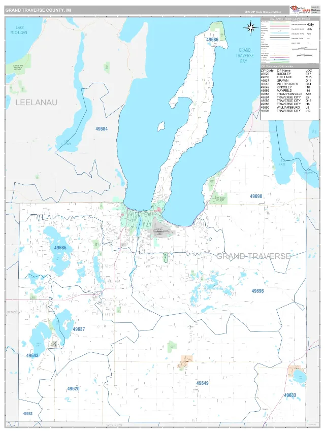 Grand Traverse County, MI ZIP Code Wall Map, Classic style
