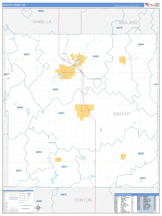 Gratiot County, MI ZIP Code Wall Map, Business Reference style