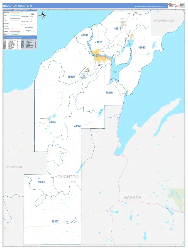 Houghton County, MI ZIP Code Wall Map, Business Reference style