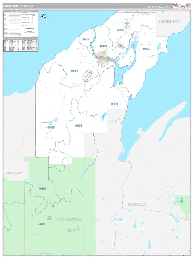Houghton County, MI ZIP Code Wall Map, Classic style