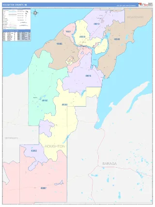 Houghton County, MI ColorCast style ZIP Code wall map