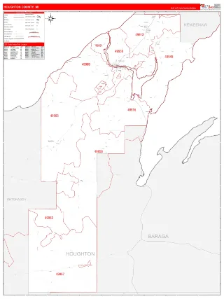 Houghton County, MI RedLine style ZIP Code wall map