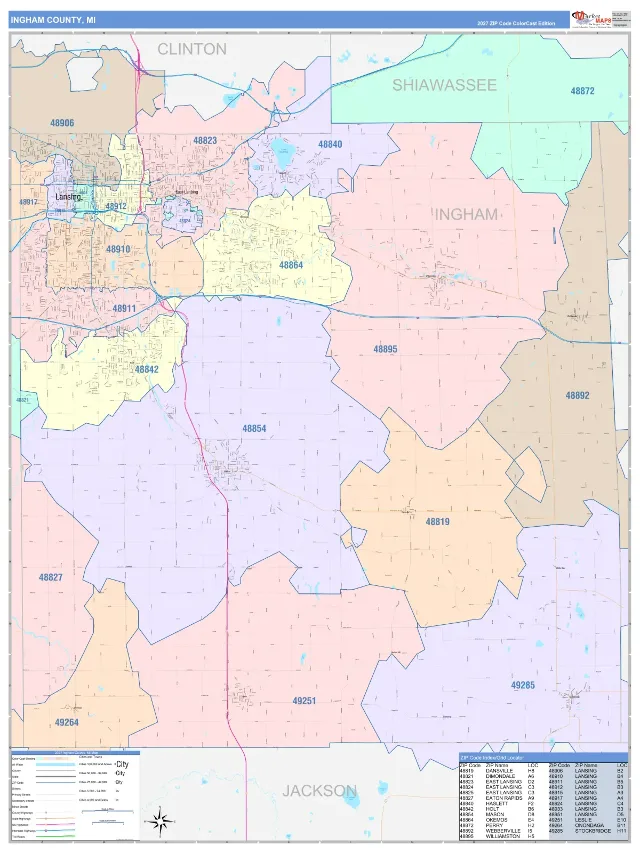 Ingham County, MI ZIP Code Wall Map, ColorCast style