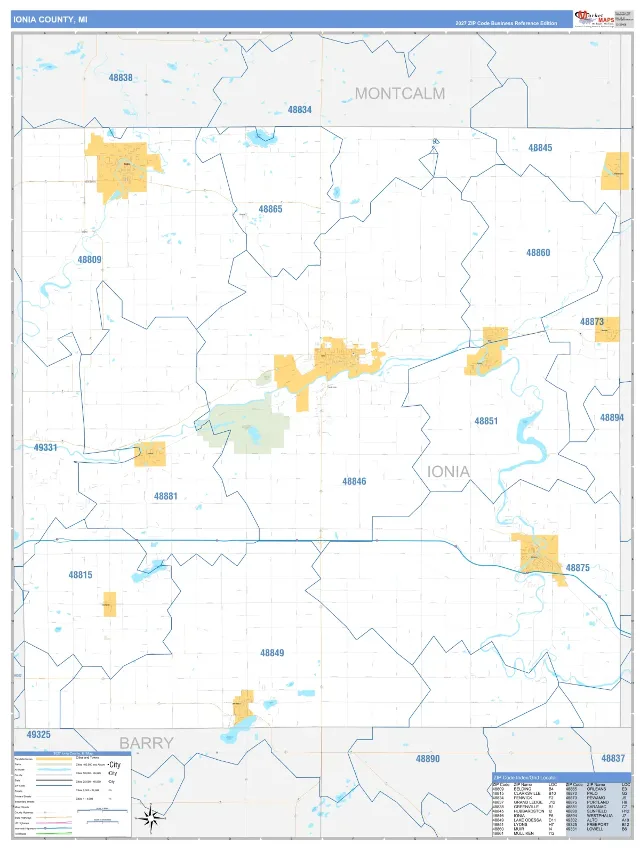 Ionia County, MI ZIP Code Wall Map, Business Reference style