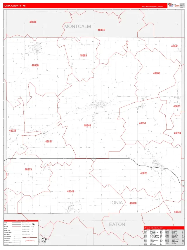 Ionia County, MI ZIP Code Wall Map, RedLine style