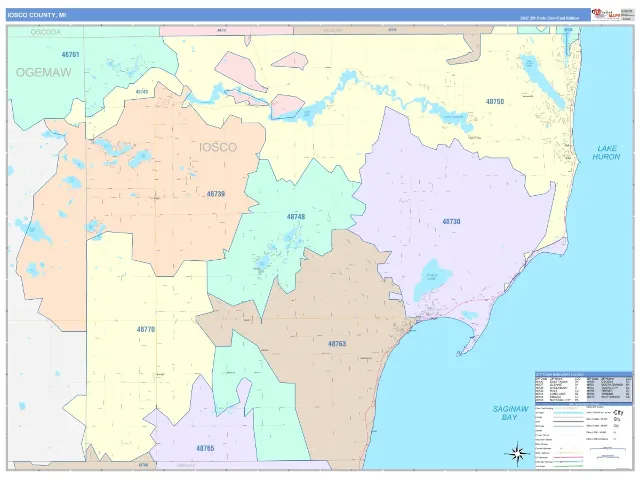 Iosco County, MI ZIP Code Wall Map, ColorCast style
