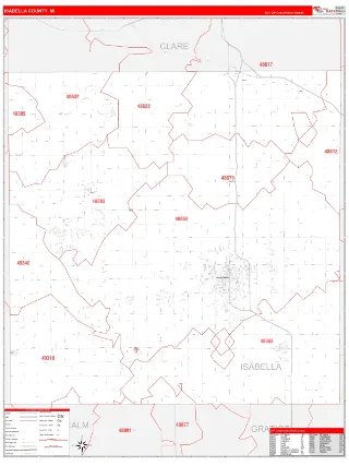 Isabella County, MI RedLine style ZIP Code wall map