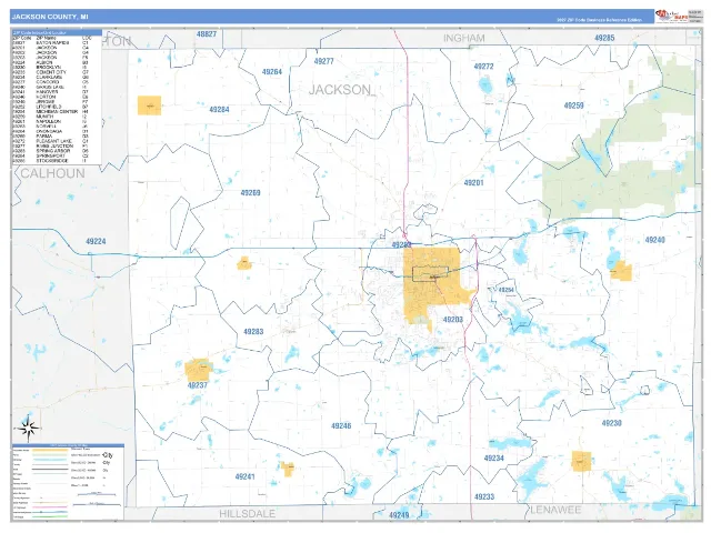 Jackson County, MI ZIP Code Wall Map, Business Reference style