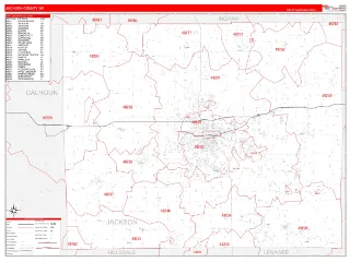 Jackson County, MI RedLine style ZIP Code wall map