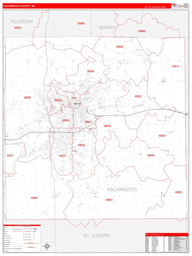 Kalamazoo County, MI ZIP Code Wall Map, RedLine style