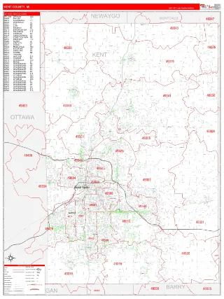 Kent County, MI RedLine style ZIP Code wall map
