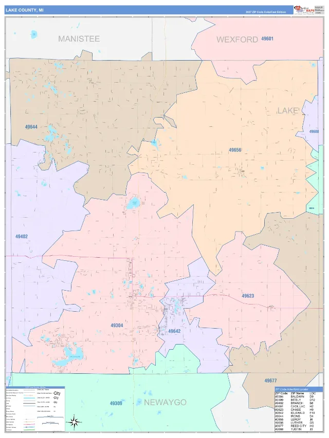 Lake County, MI ZIP Code Wall Map, ColorCast style