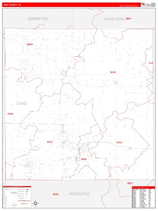 Lake County, MI RedLine style ZIP Code wall map