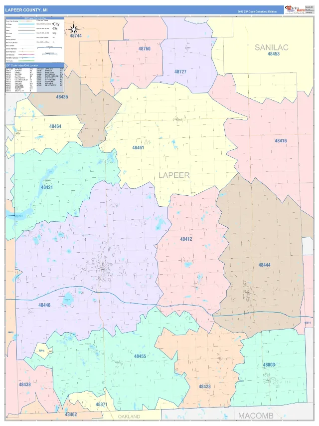 Lapeer County, MI ZIP Code Wall Map, ColorCast style