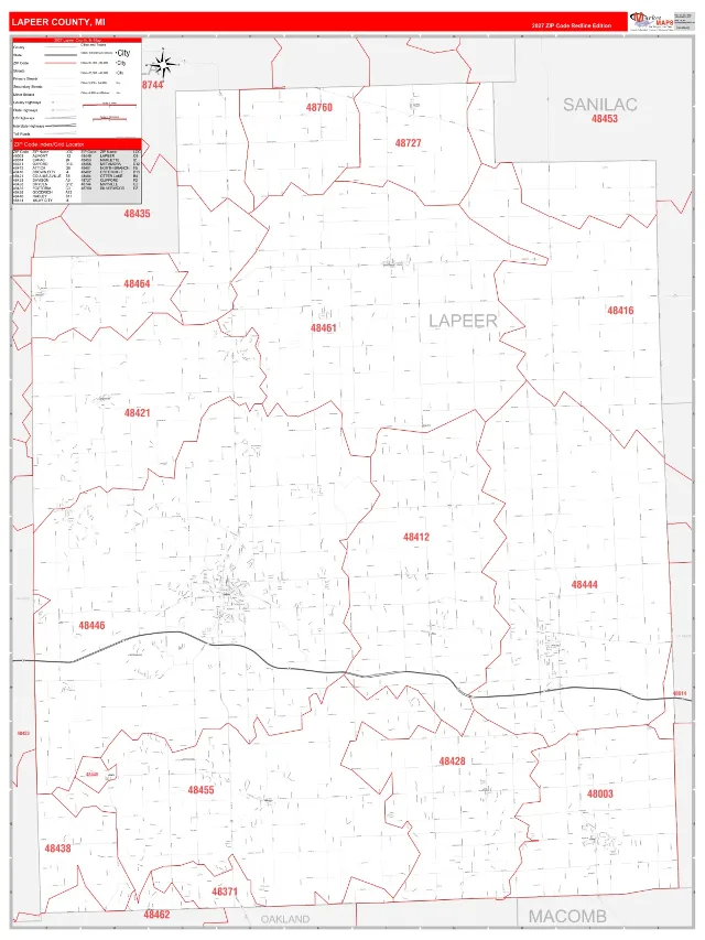 Lapeer County, MI ZIP Code Wall Map, RedLine style