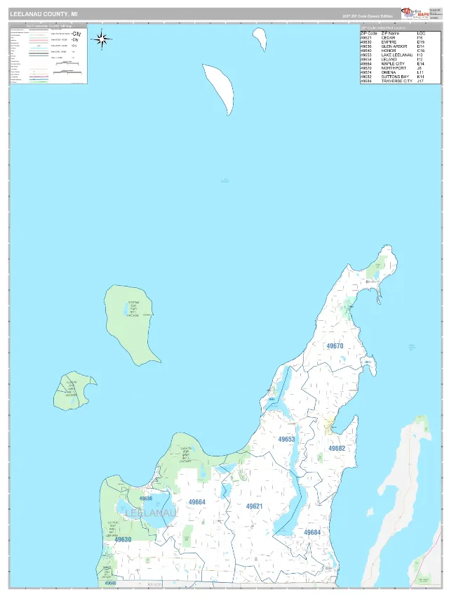 Leelanau County, MI ZIP Code Wall Map, Classic style