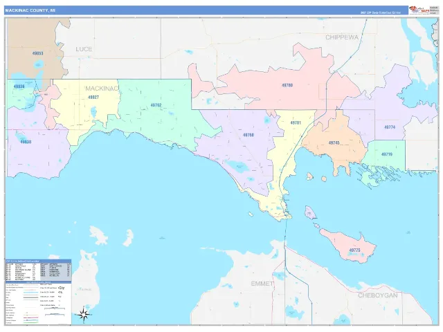 Mackinac County, MI ZIP Code Wall Map, ColorCast style