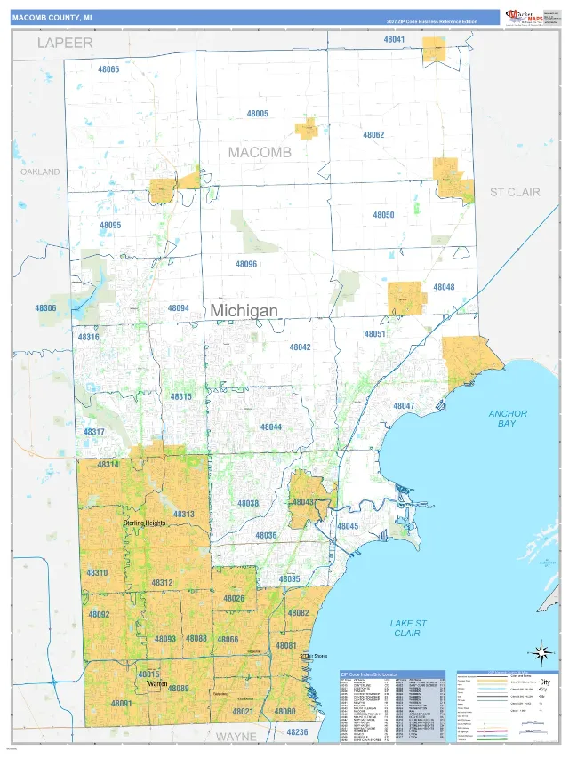 Macomb County, MI ZIP Code Wall Map, Business Reference style