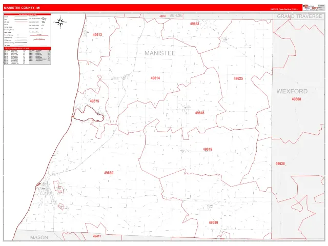 Manistee County, MI ZIP Code Wall Map, RedLine style