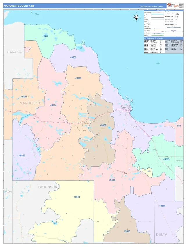 Marquette County, MI ZIP Code Wall Map, ColorCast style