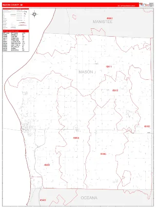 Mason County, MI RedLine style ZIP Code wall map