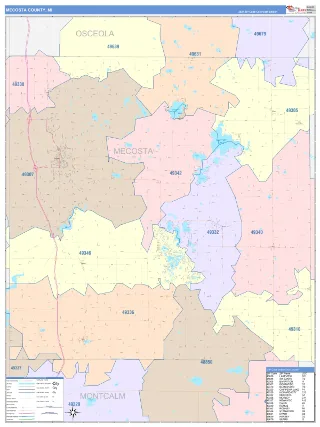 Mecosta County, MI ColorCast style ZIP Code wall map