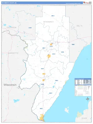 Menominee County, MI Business Reference style ZIP Code wall map