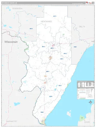 Menominee County, MI Classic style ZIP Code wall map