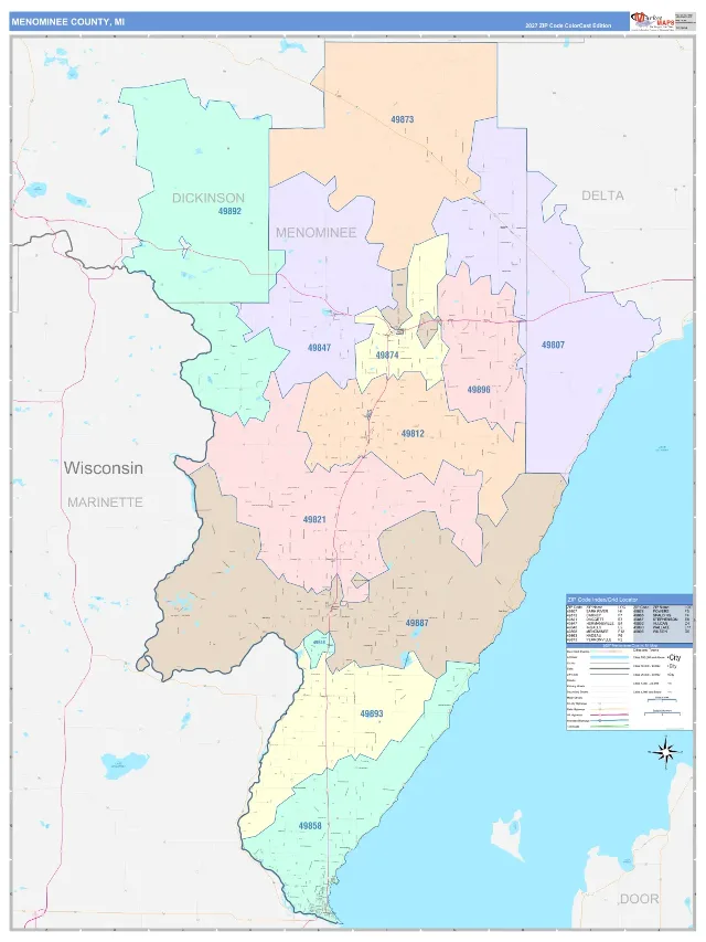 Menominee County, MI ZIP Code Wall Map, ColorCast style