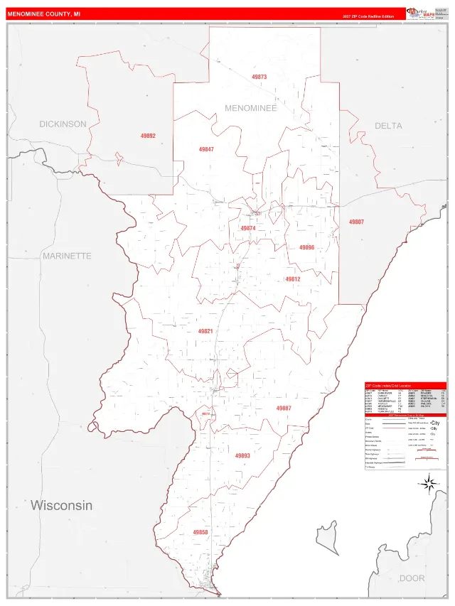 Menominee County, MI ZIP Code Wall Map, RedLine style