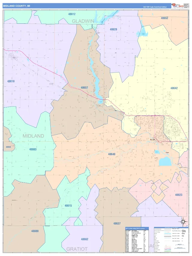 Midland County, MI ZIP Code Wall Map, ColorCast style