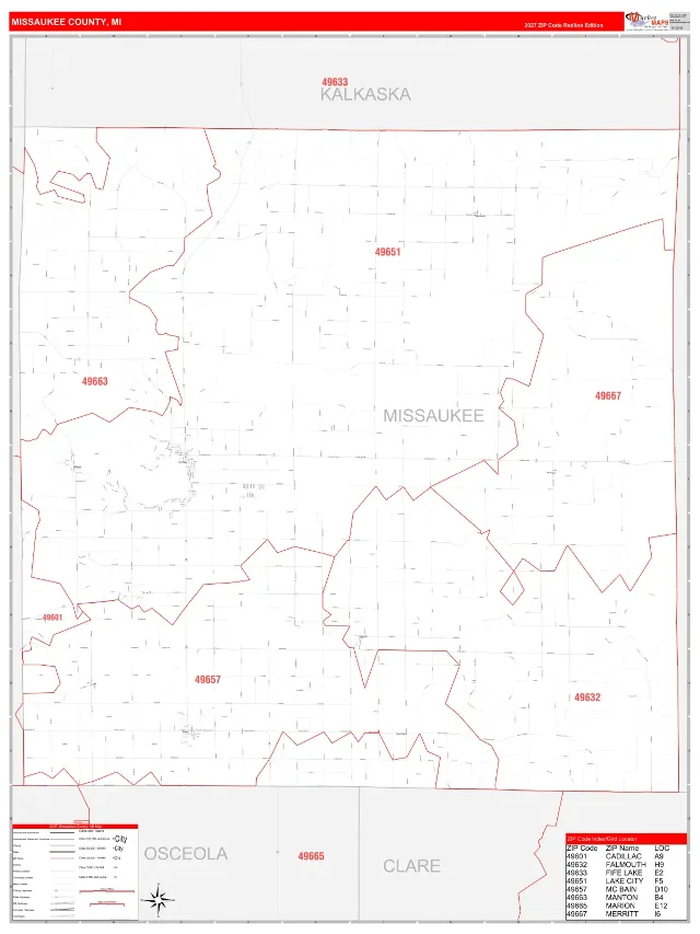 Missaukee County, MI ZIP Code Wall Map, RedLine style