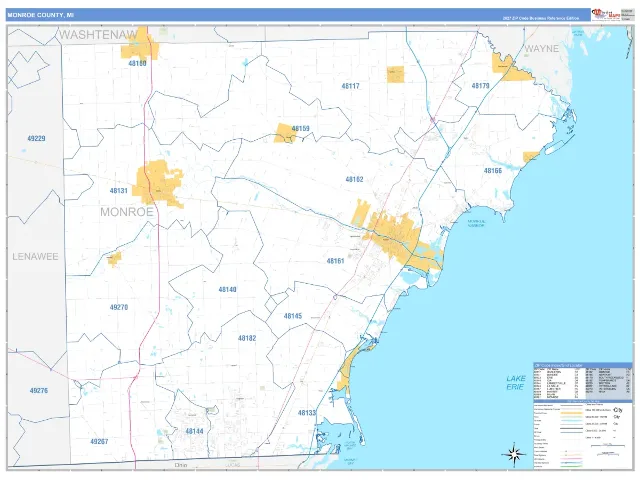 Monroe County, MI ZIP Code Wall Map, Business Reference style