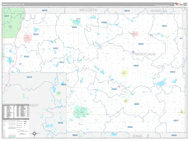Montcalm County, MI ZIP Code Wall Map, Classic style