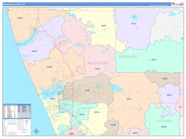 Muskegon County, MI ZIP Code Wall Map, ColorCast style