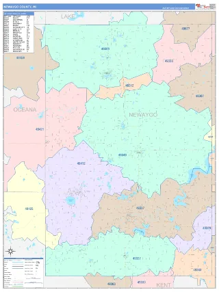 Newaygo County, MI ColorCast style ZIP Code wall map