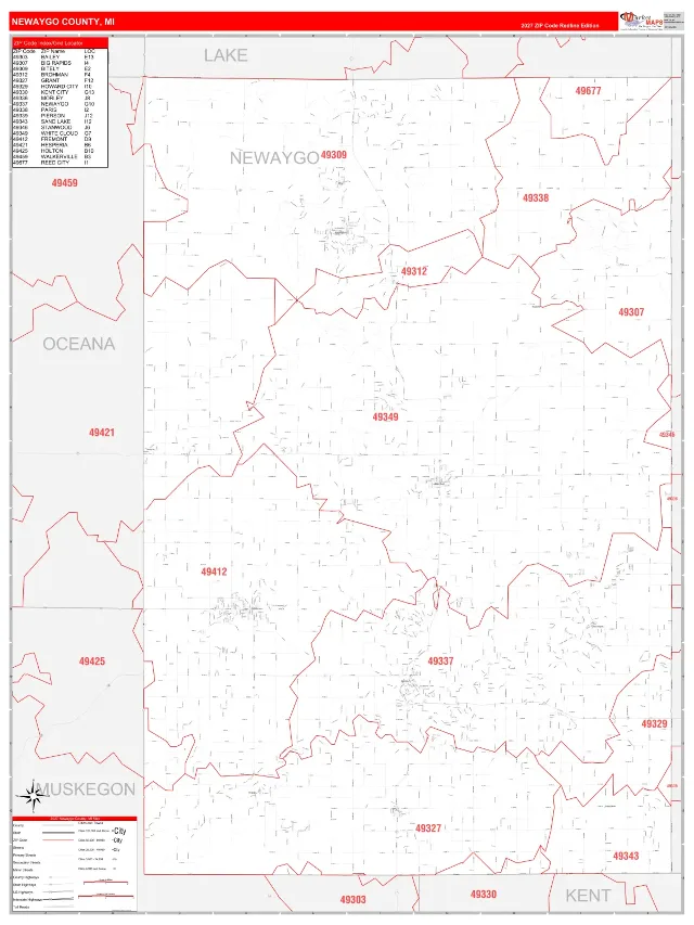 Newaygo County, MI ZIP Code Wall Map, RedLine style