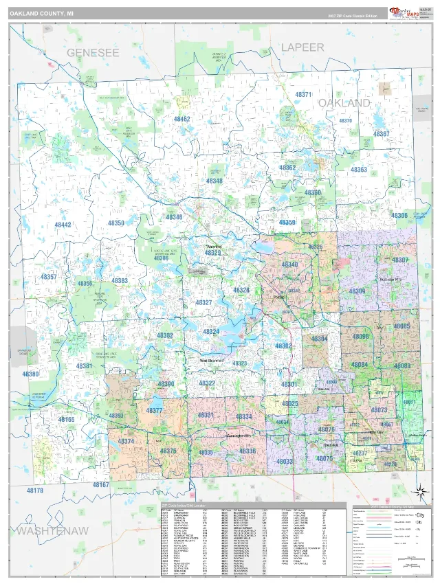 Oakland County, MI ZIP Code Wall Map, Classic style