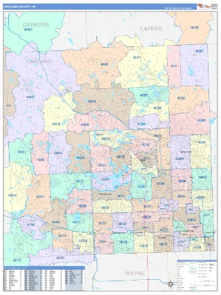 Oakland County, MI ColorCast style ZIP Code wall map