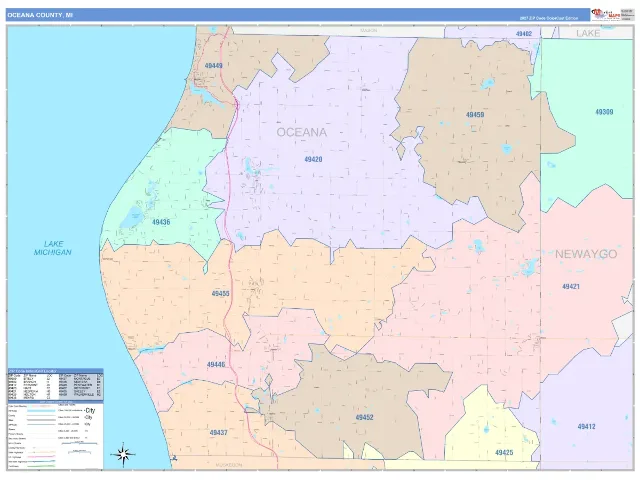 Oceana County, MI ZIP Code Wall Map, ColorCast style