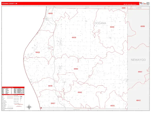 Oceana County, MI ZIP Code Wall Map, RedLine style